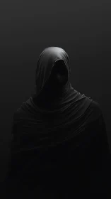 Hooded faceless figure in volumetric low key monochrome lighting