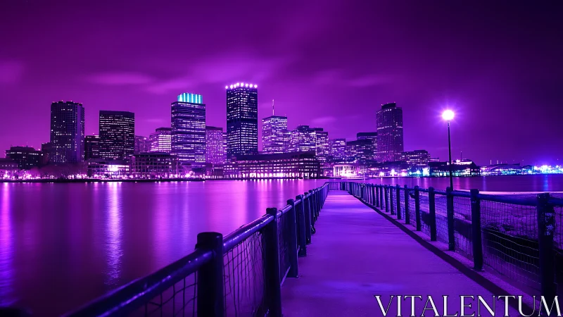 Neon violet waterfront cityscape under glowing night sky.