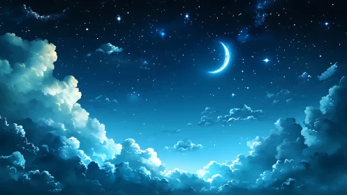 Crescent moon over bright clouds in a glowing night sky.