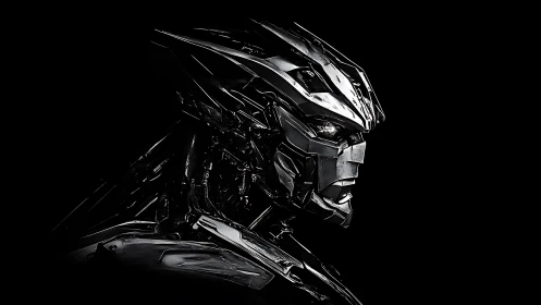 High-contrast chrome biomechanical android profile on black ground