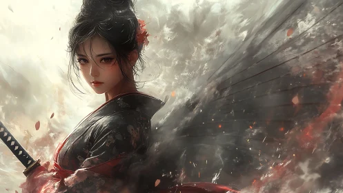 Stormlit samurai maiden with dark wings in swirling embers.