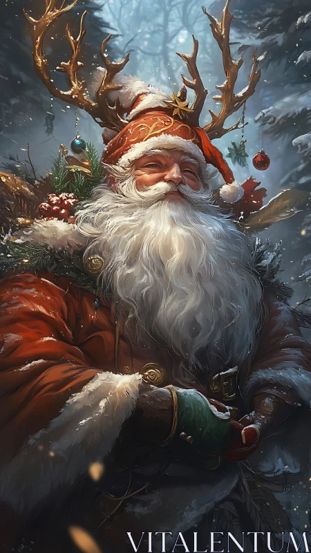 Bearded figure in red coat stands in snowy conifer forest