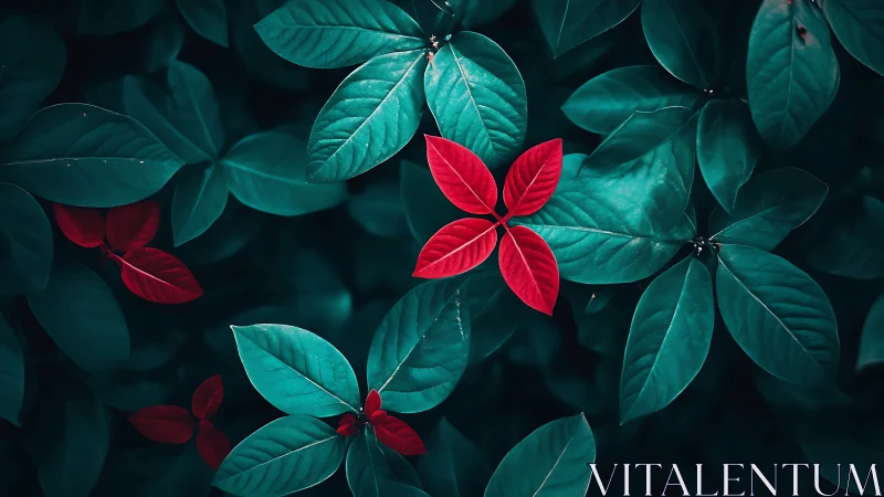 Macro foliage study with cyan-green leaves and red accent cluster