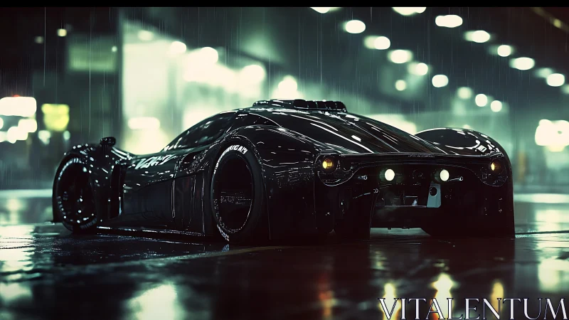 Low-angle view of futuristic black sports car in rain.