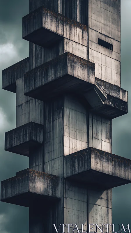 Brutalist concrete tower with cantilevered platforms rises vertically