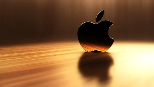 Apple logo rendered with golden ambient lighting on wooden surface