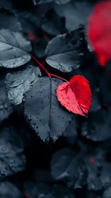 Gentle red leaf glowing against deep midnight foliage.
