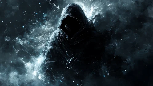 Midnight wanderer cloaked in swirling cosmic shadows.