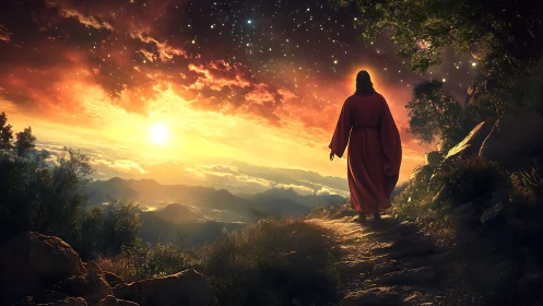 Crimson-robed wanderer strides into a blazing celestial dawn