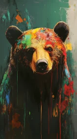Paint-splashed grizzly emerges from dripping neon wilderness.