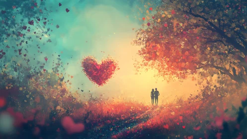 Digital painting depicting silhouetted couple beneath large heart shape in particle field.