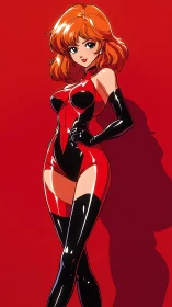Red-haired anime heroine poses in glossy bodysuit.