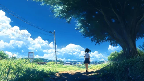 Solitary schoolgirl walks sunlit rural path under vast sky
