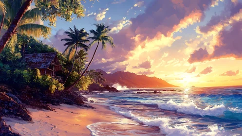 Tropical shoreline landscape with cabin and sunset sky.
