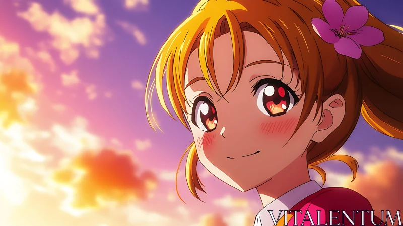 Sunset-sparked anime smile under sherbet painted skies.