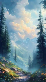 Mountain Valley Dreams: Towering Pines Frame Majestic Alpine Wonder.