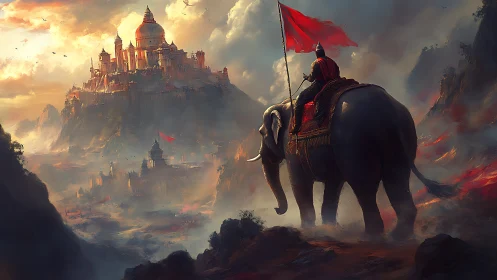 War elephant rider approaches fortified cliff city at dusk.