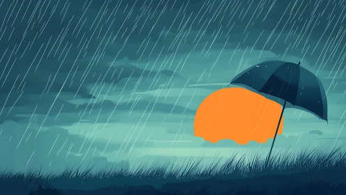 Umbrella stands in rain before large orange setting sun