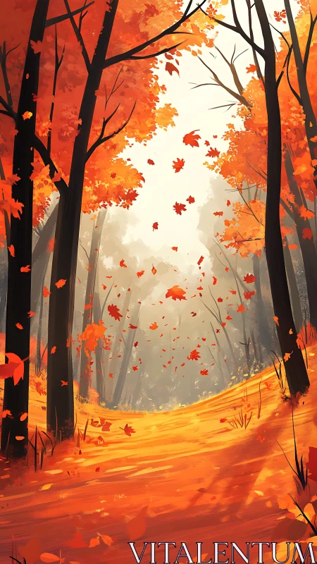Autumn Forest Pathway with Falling Leaves Digital Illustration.