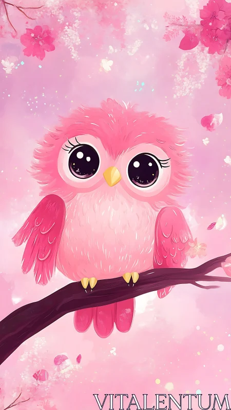 Pink cartoon owl on branch amid stylized blossom background.