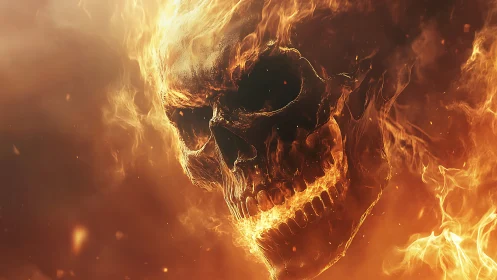 Human skull rendered in flames against dark background.