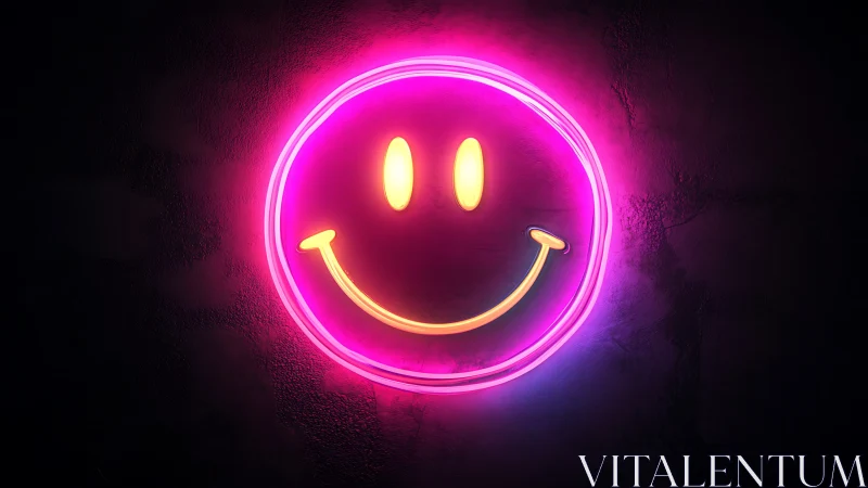 Neon magenta smiley face sign on dark textured plaster wall