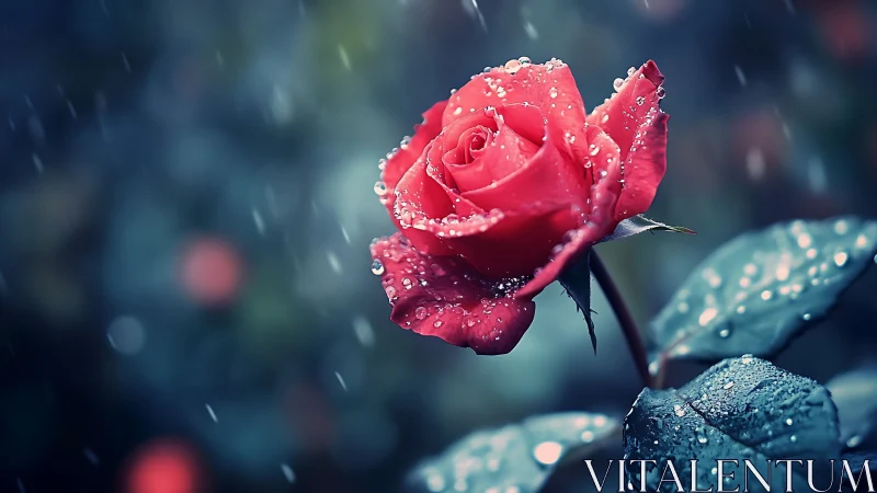 Crimson Rose in Rain: Droplet-Laden Bloom Against Moody Atmospheric Backdrop.