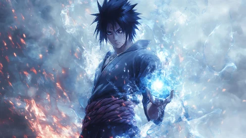 Blue energy anime warrior in swirling elemental storm