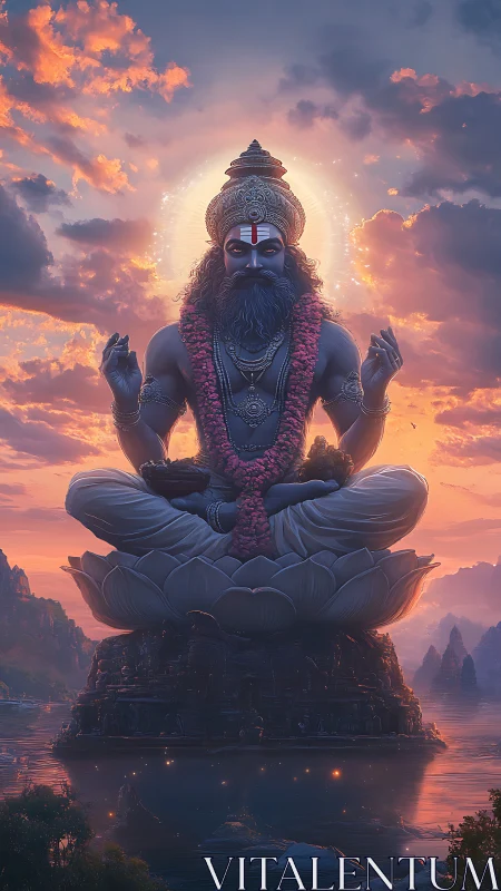 Colossal meditative deity statue on lotus pedestal in volumetric sunset