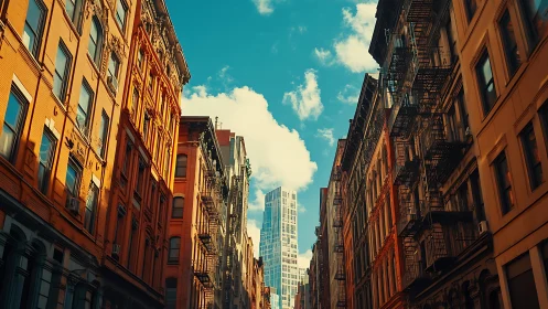 Low-angle urban canyon with sunlit facades and distant tower