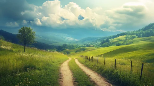 Sunlit country path gently leads toward distant misty peaks