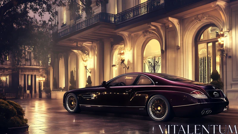 Luxury coup&eacute; waits under golden lights of a grand hotel