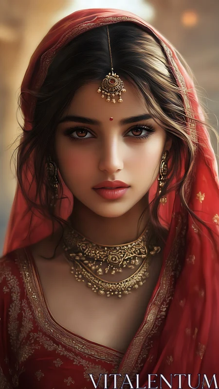 Golden gaze beneath a crimson veil of quiet grace.