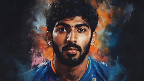 Digital portrait shows male subject against abstract color field