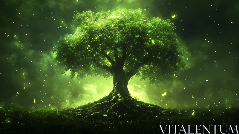 Majestic glowing tree in mystical forest, fantasy art style.