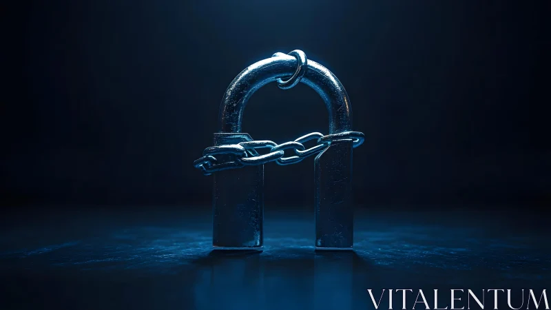 Metallic padlock with chain in dramatic blue lighting concept.
