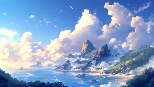 Majestic Coastal Peaks Embraced by Heavenly Clouds