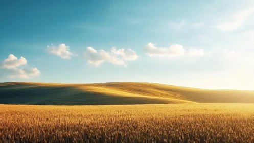 Golden wheat field under sunlit rolling hills at dawn.
