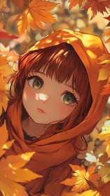 Autumn cloaked girl under glowing golden maple leaves.