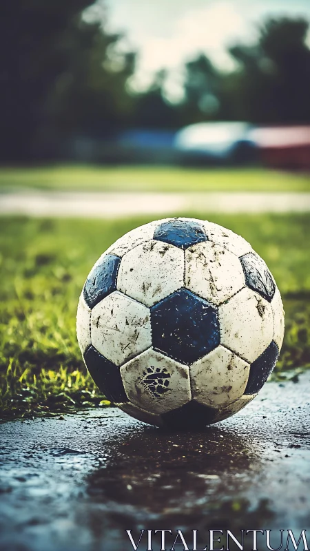 Mud-splashed soccer ball waiting on a rainy field.