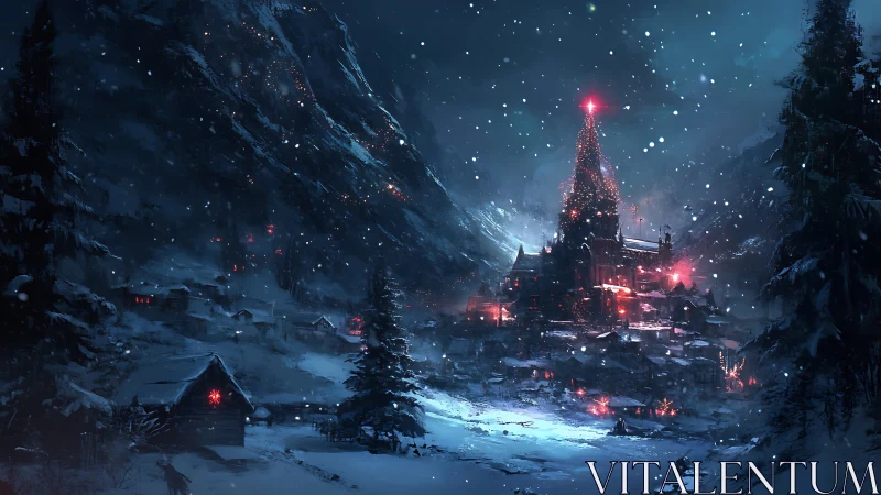 Snowbound mountain village under glowing cathedral tree.