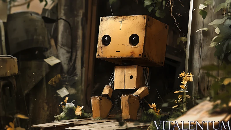 Gentle yellow robot resting quietly in a hidden garden corner.