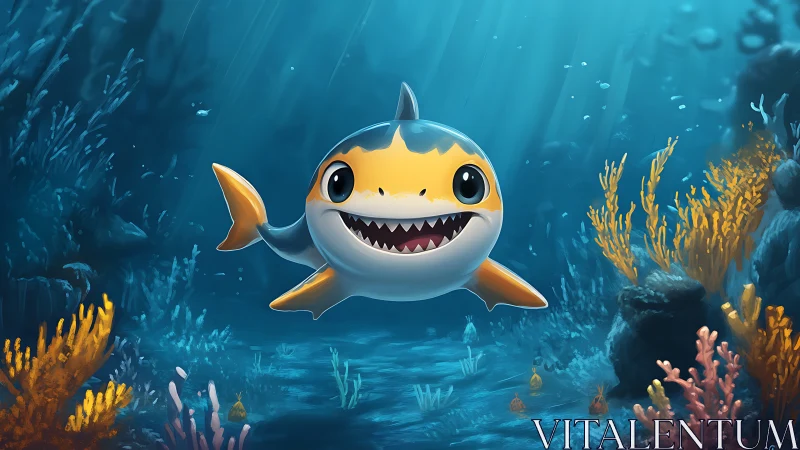 Cute cartoon shark swimming through colorful coral reef.
