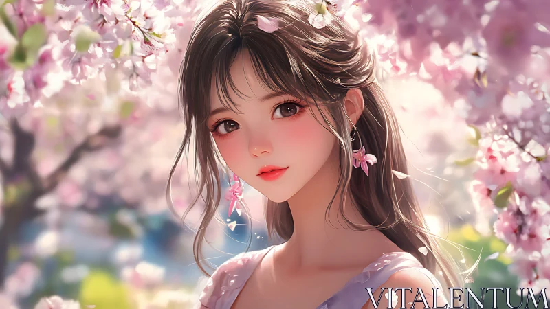 Anime portrait amid luminous cherry blossoms, soft-focus bokeh.