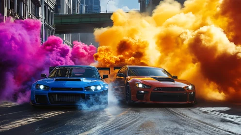 Twin tuner street racers cutting through neon smoke clouds