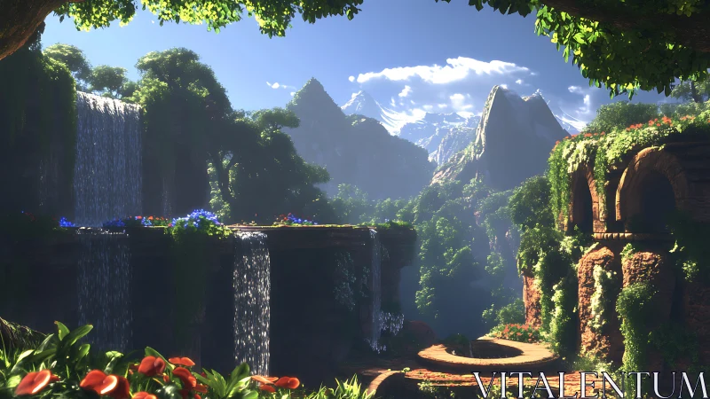 Sunlit jungle waterfalls over ancient stone terraces.