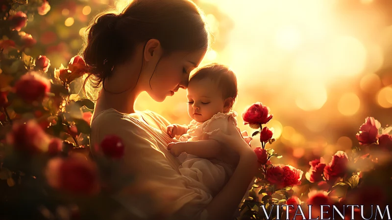 Mother and infant surrounded by blooming red flowers in golden hour backlighting.