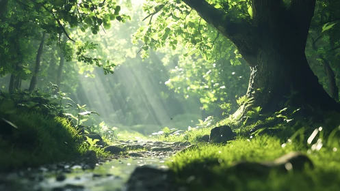 Enchanted Forest Stream Where Light Dances Through Green Canopies.