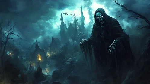 Spectral reaper haunts a fog-drenched gothic graveyard at night.