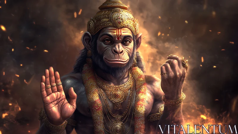 Radiant monkey deity offers calm blessing amid swirling fire